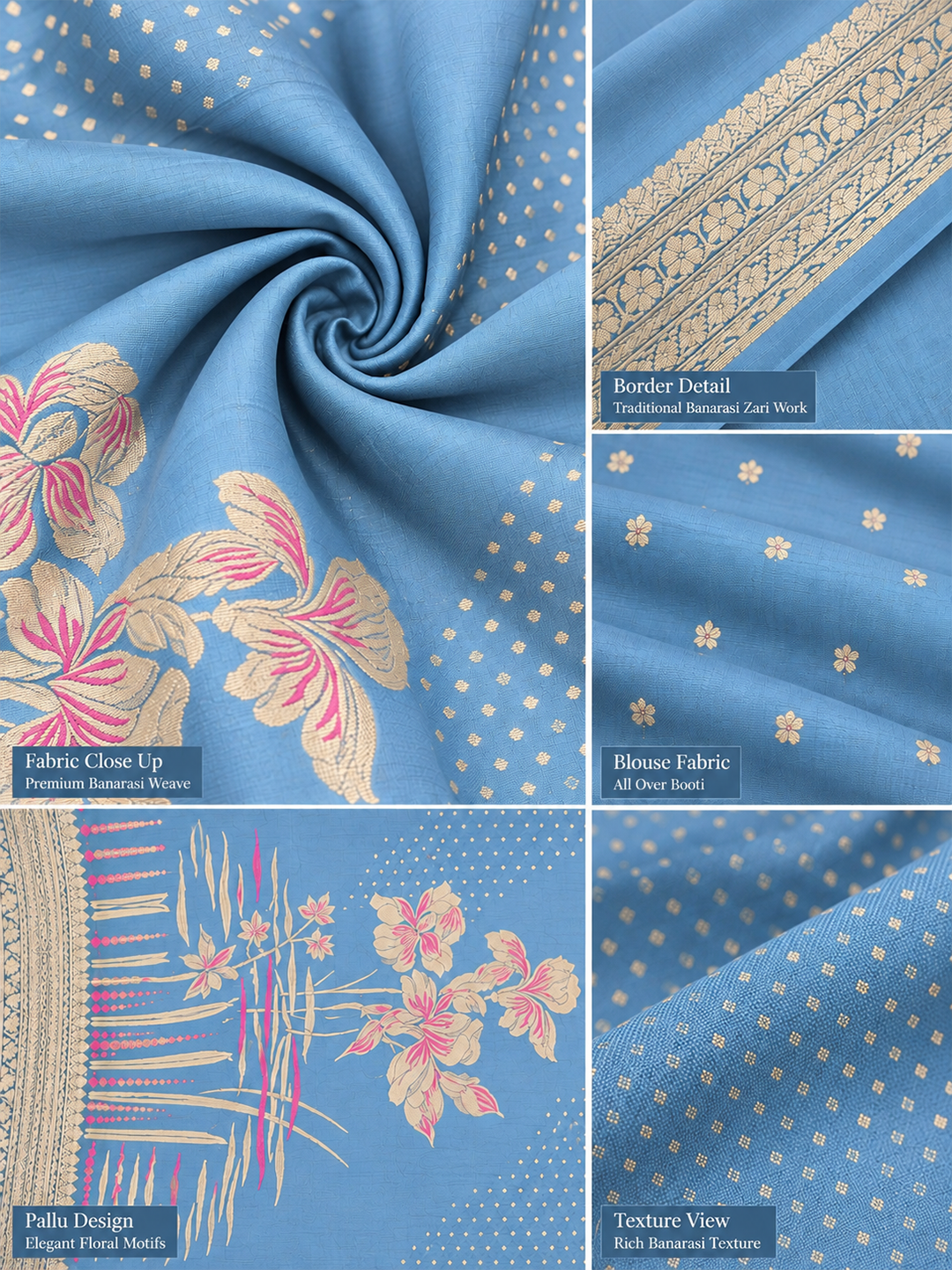 Sky Blue Floral Silk Banarasi Saree – Ethereal Festive Elegance