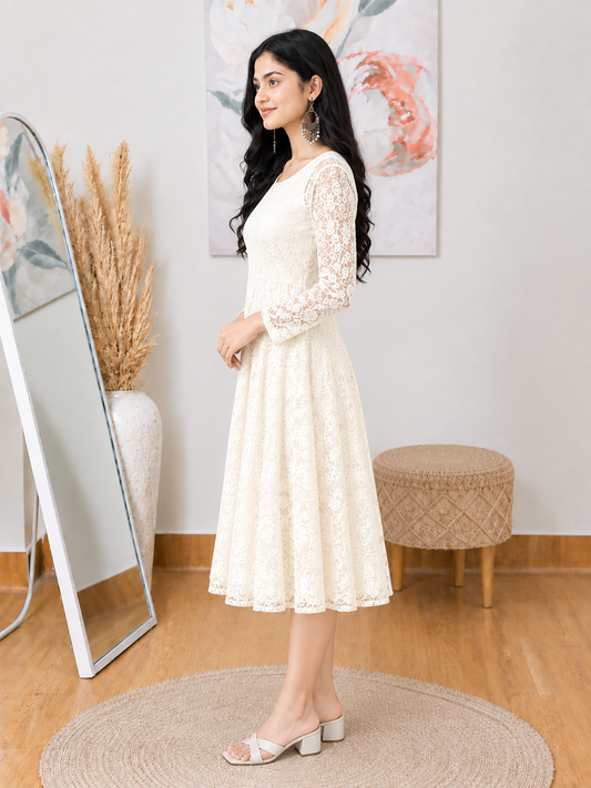 Elegant White Lace Net Dress – Ethereal Evening Elegance