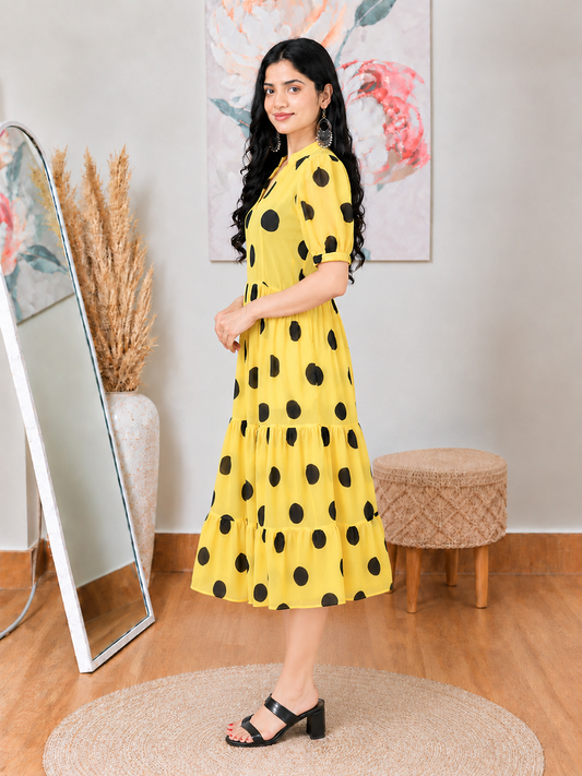 Yellow Polka Dot Georgette Dress – Playful, Flowy Elegance