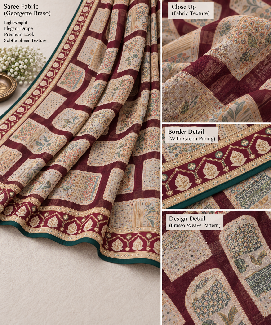 Wine Printed Brasso Saree – Deep, Contemporary Elegance