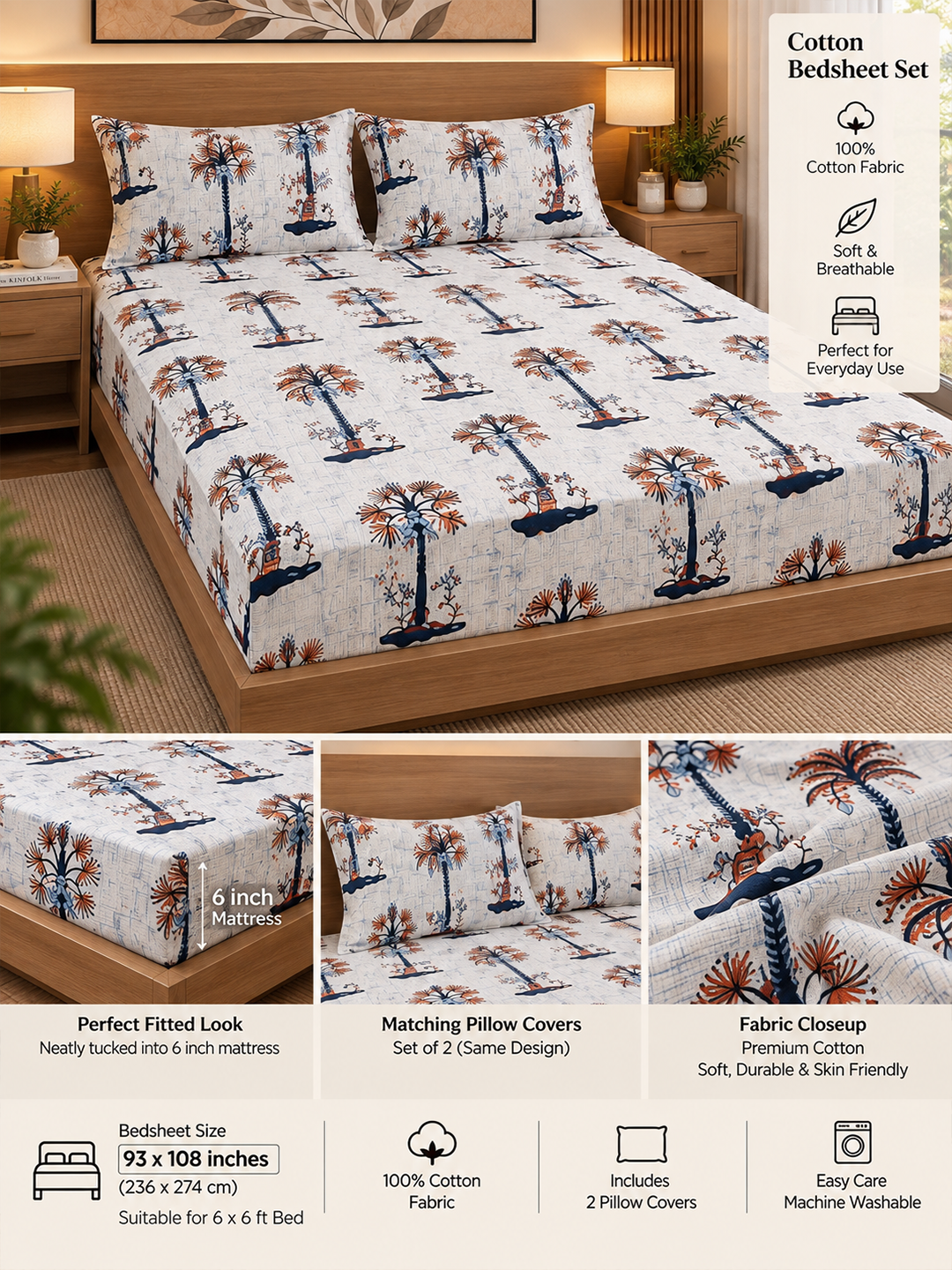 Palm Tree Cotton Bedsheet (93×108 in) with Pillow Covers – Tropical Elegance