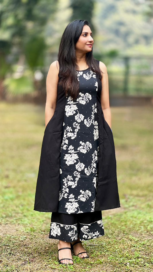 Black Flared A-Line Suit with Palazzo - Rayon Floral Evening Set for Women
