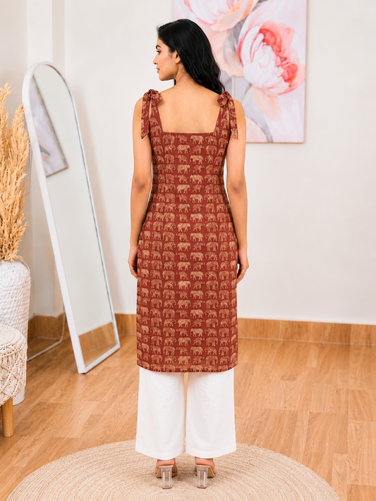 Cotton Rust Pink Pure Elephant Print Kurti – Artistic Cultural Charm (S–5XL)(Only Kurti)