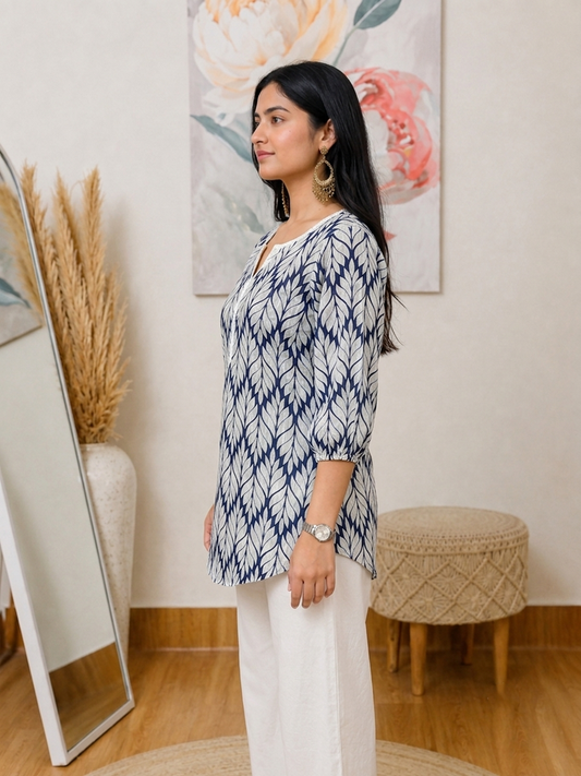 Navy Leaf Printed Cotton Kurti – Classic Everyday Charm (Only Kurti)(S–5XL)