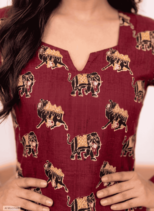 Cotton Hand-Block Print Maroon Kurti – Artisanal Heritage Elegance (S–5XL)(Only Kurti)