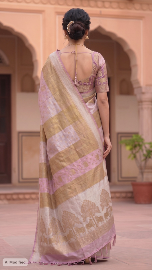 Soft Silk Pink and Gold Banarasi Saree – Luxe Festive Royal Elegance (One Size)