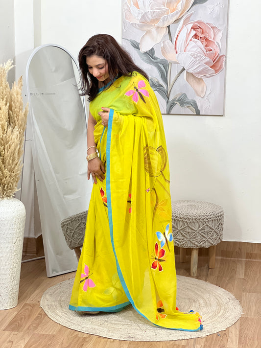 Cotton Hand-Painted Printed Saree – Artistic Bohemian Ethnic Masterpiece
