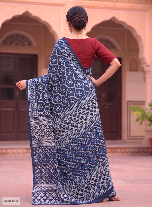 Cotton Indigo Blue Hand-Block Print Saree – Artisanal Heritage Elegance (One Size)
