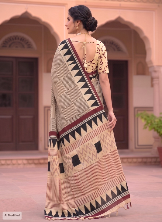 Cotton Geometric Striped Saree – Modern Artistic Casual Elegance (One Size)