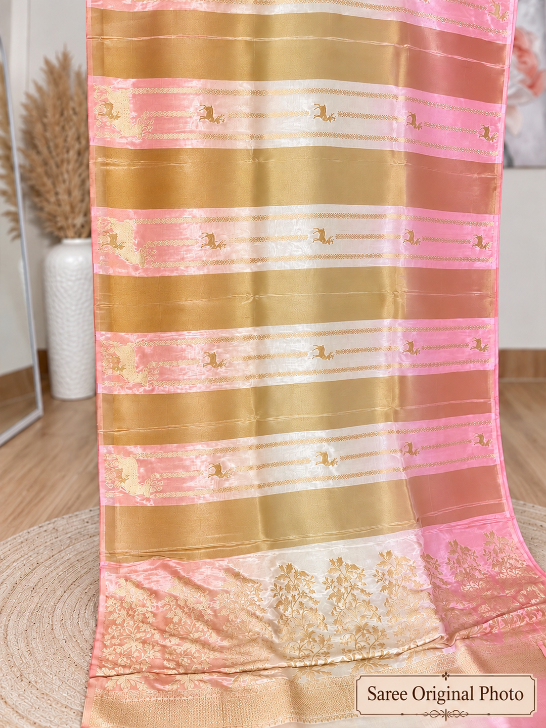 Soft Silk Pink and Gold Banarasi Saree – Luxe Festive Royal Elegance (One Size)