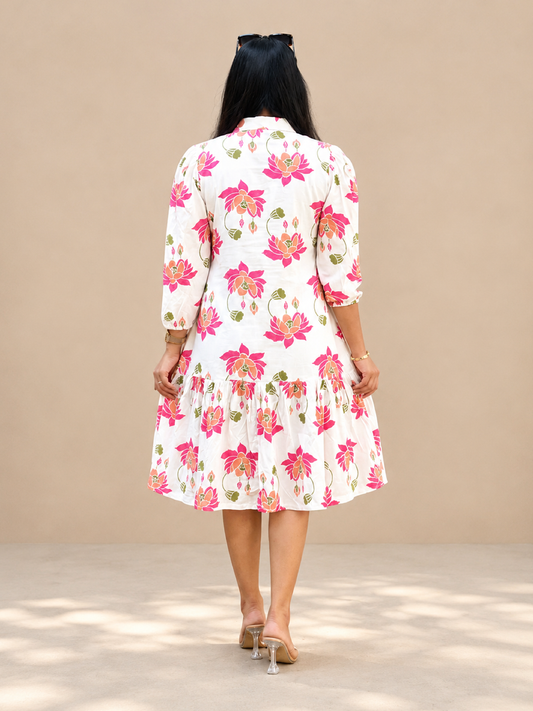 Floral Off-White Dress – Rayon Cotton Garden-Party Dress