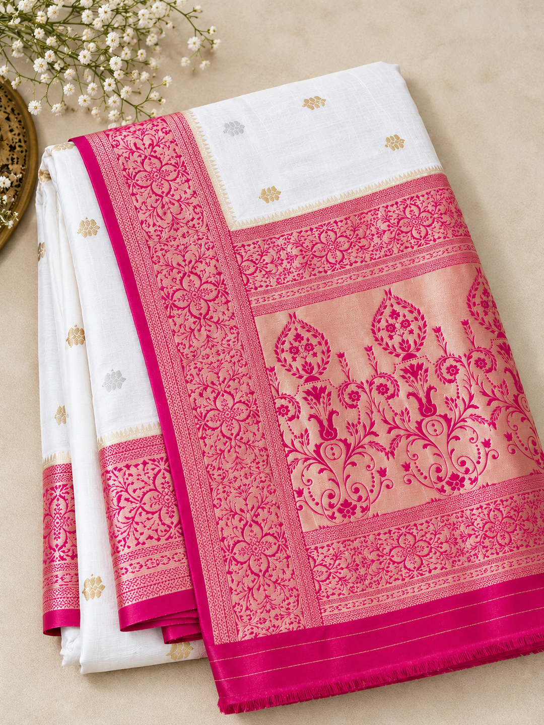 White and Magenta Banarasi Silk Saree – Classic, Luxe Elegance
