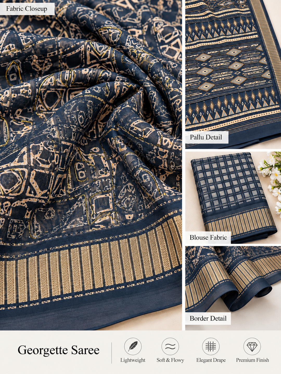 Black Ethnic Saree – Georgette – Sleek, Timeless Elegance