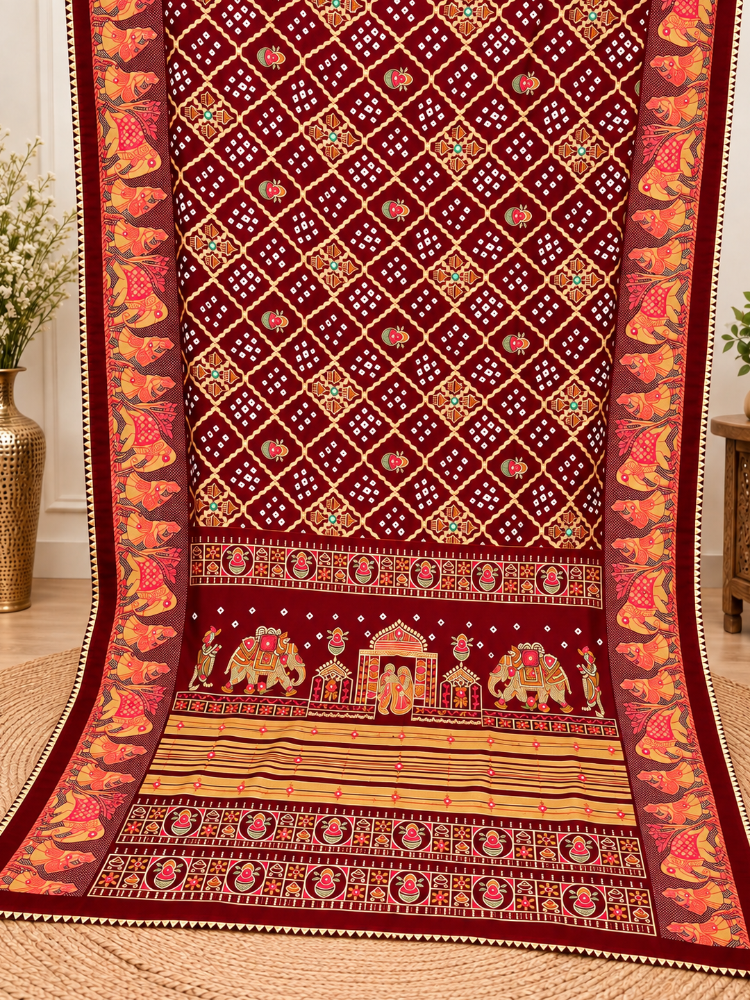 Maroon Chuneri Saree (Moss Crush) – Rich, Textured Elegance