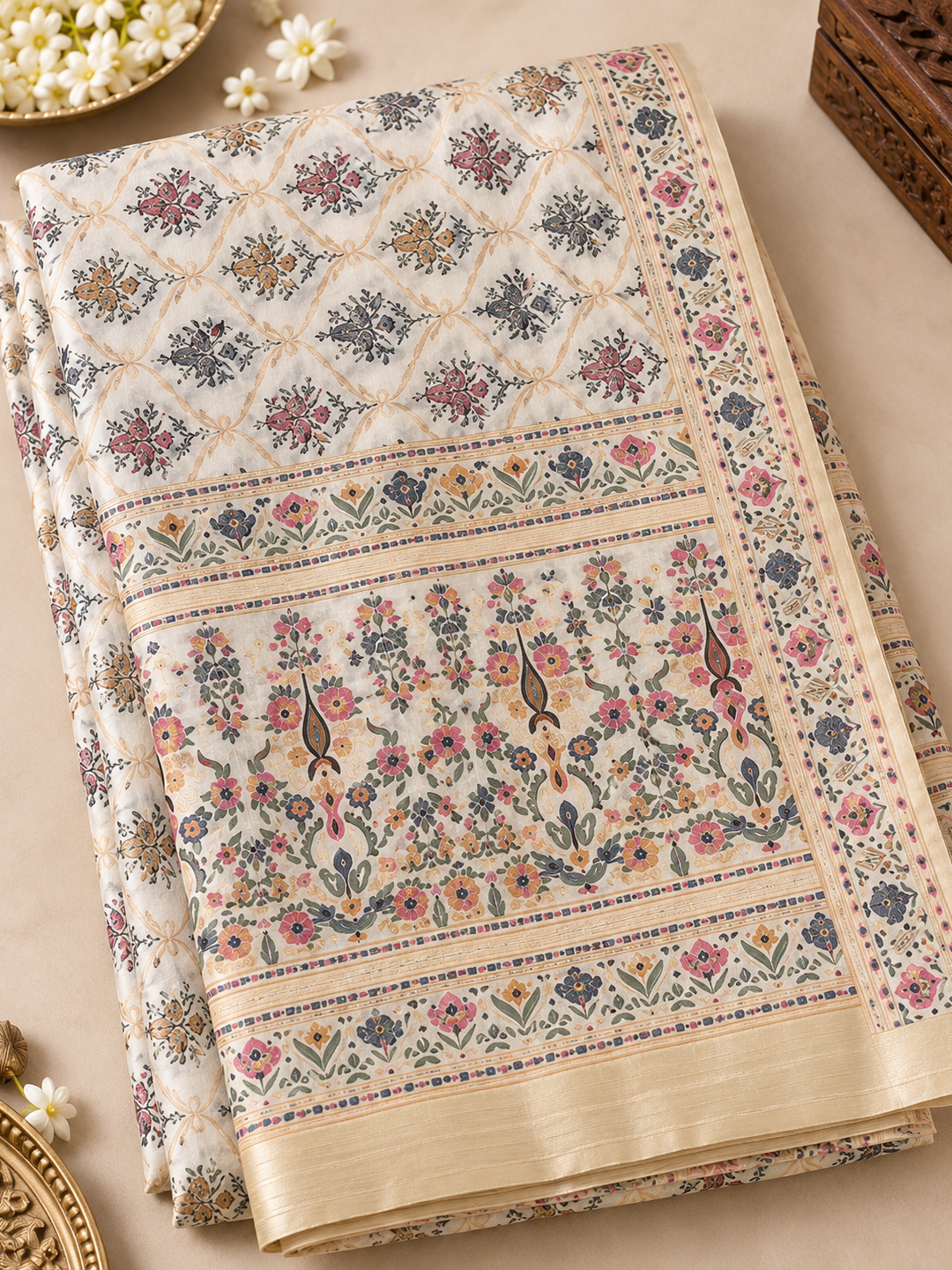 Ivory Garden Elegance Silk Saree