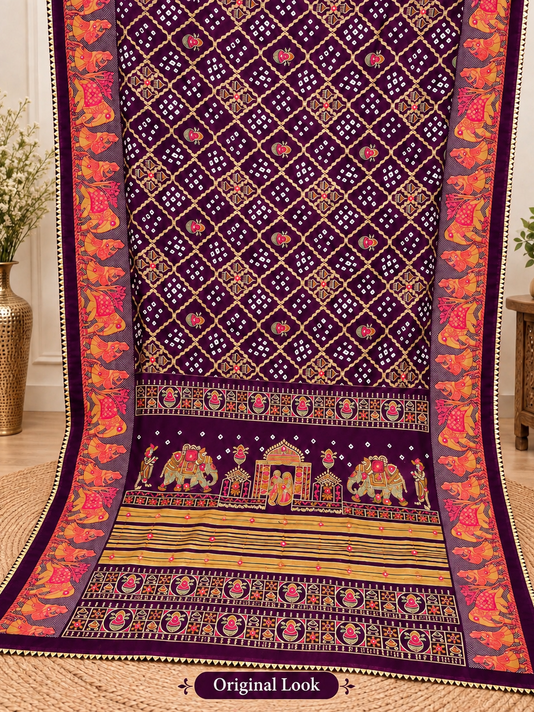 Wine Chuneri Saree (Moss Crush) – Deep, Textured Elegance