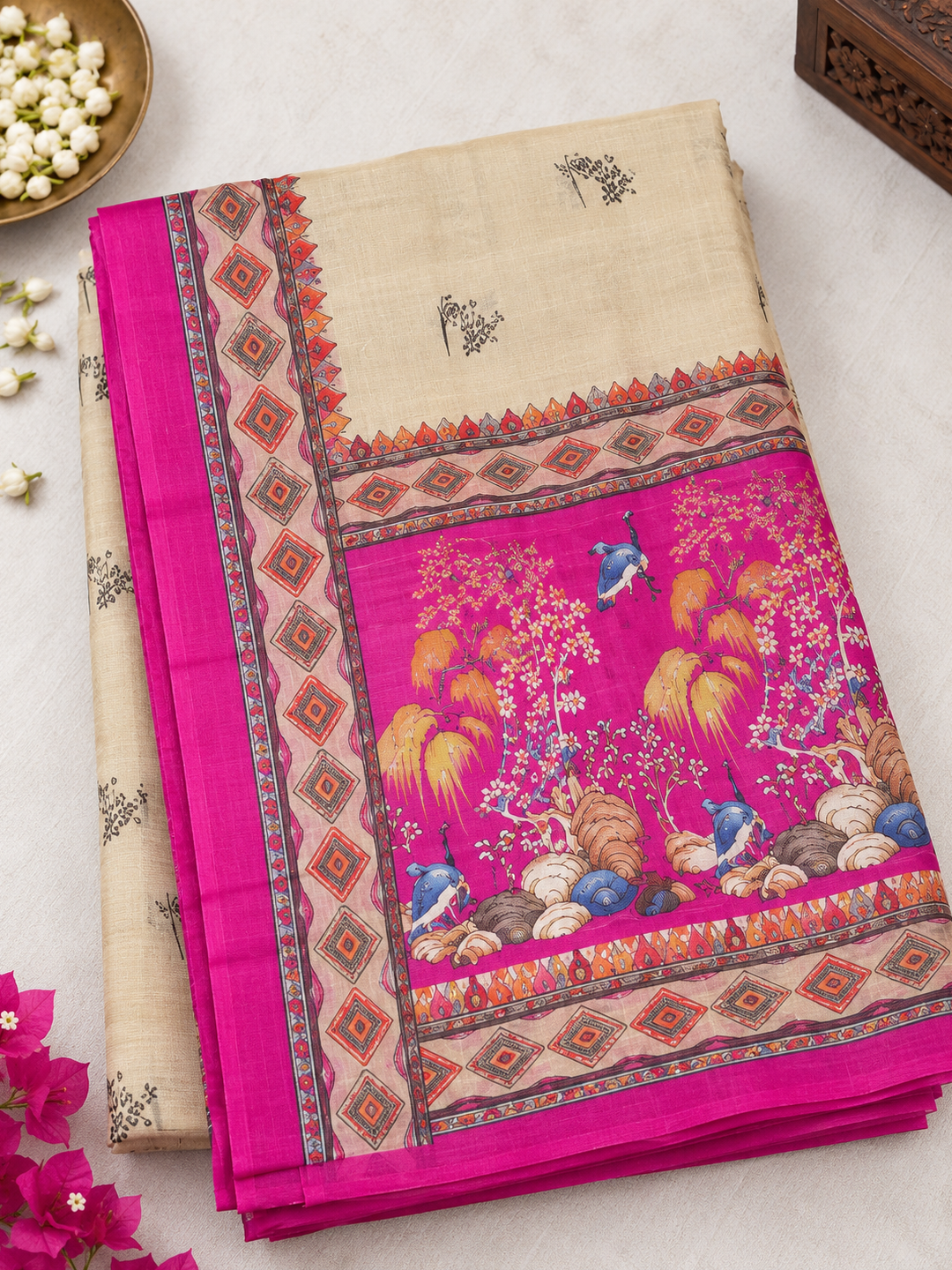 Beige and Pink Georgette Saree