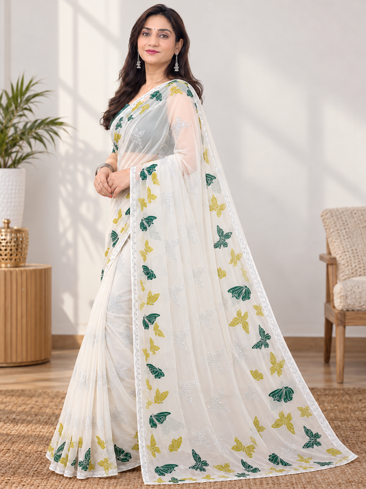 Off-White Butterfly Print Georgette Saree