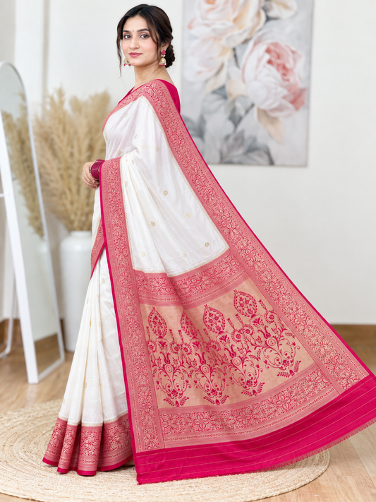 White and Magenta Banarasi Silk Saree – Classic, Luxe Elegance