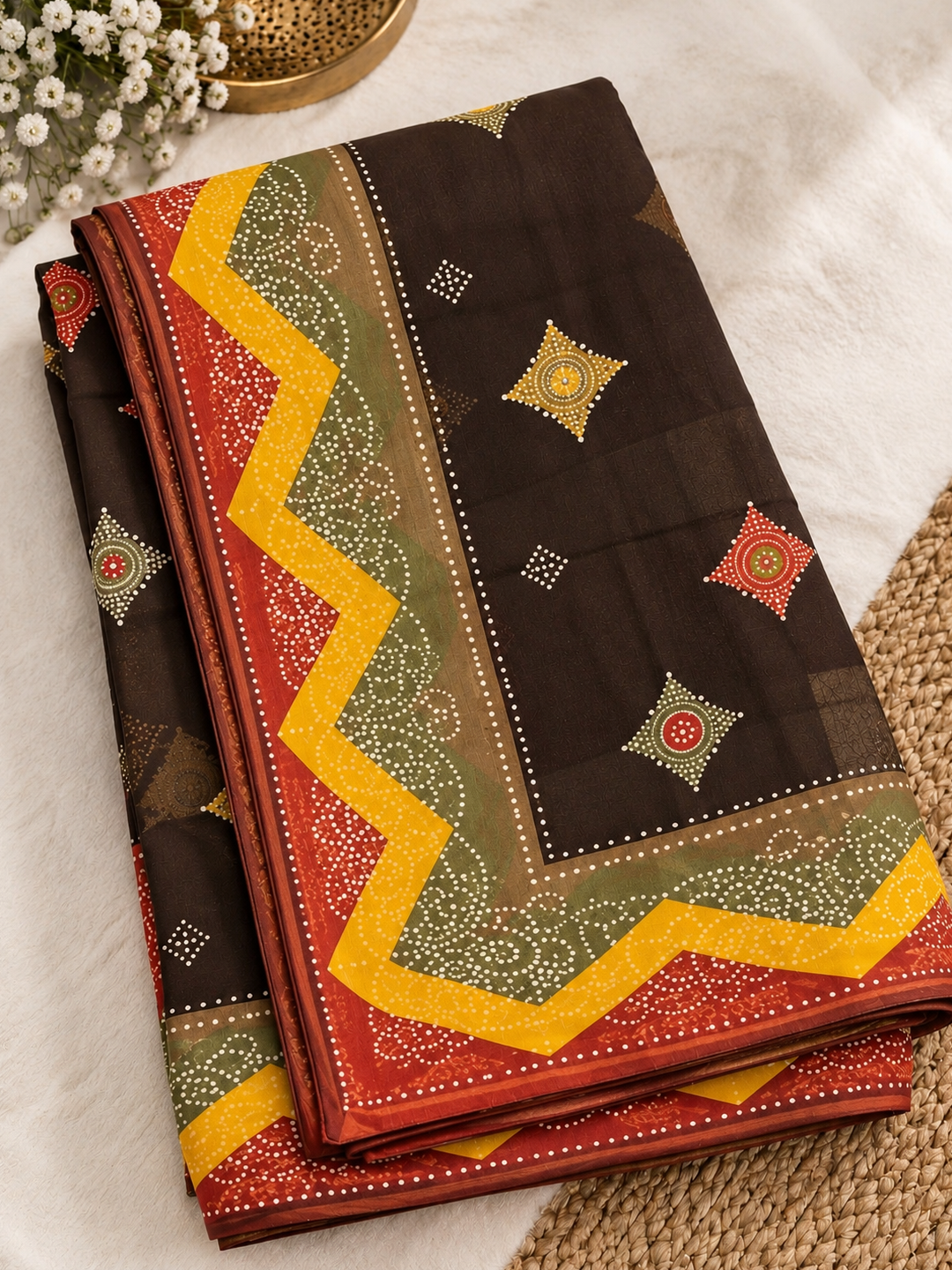 Chocolate Brown Bandhani Georgette Saree