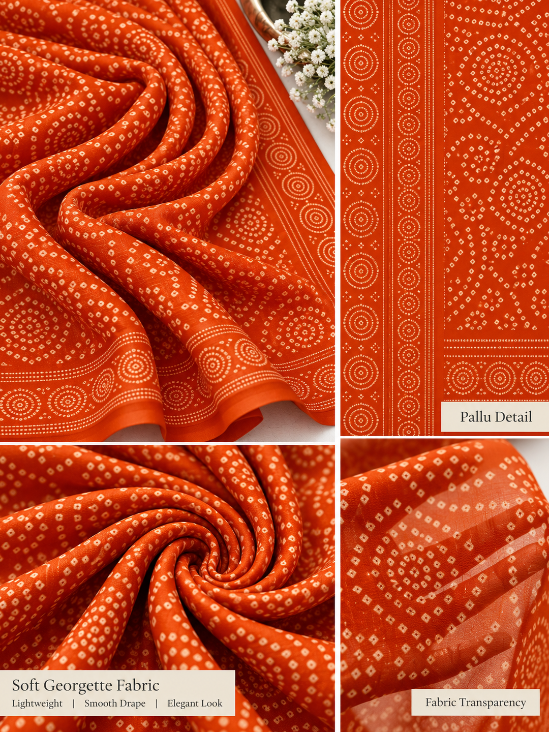Orange Bandhani Saree – Georgette – Bright, Traditional Elegance