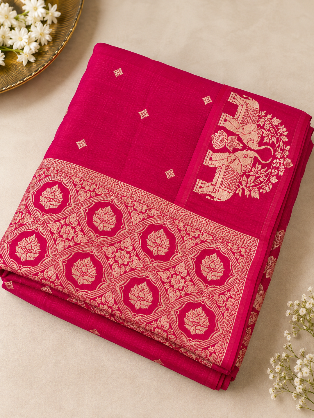 Festive Rani Pink Banarasi Silk Saree – Crape Silk – Bold, Luxe Elegance
