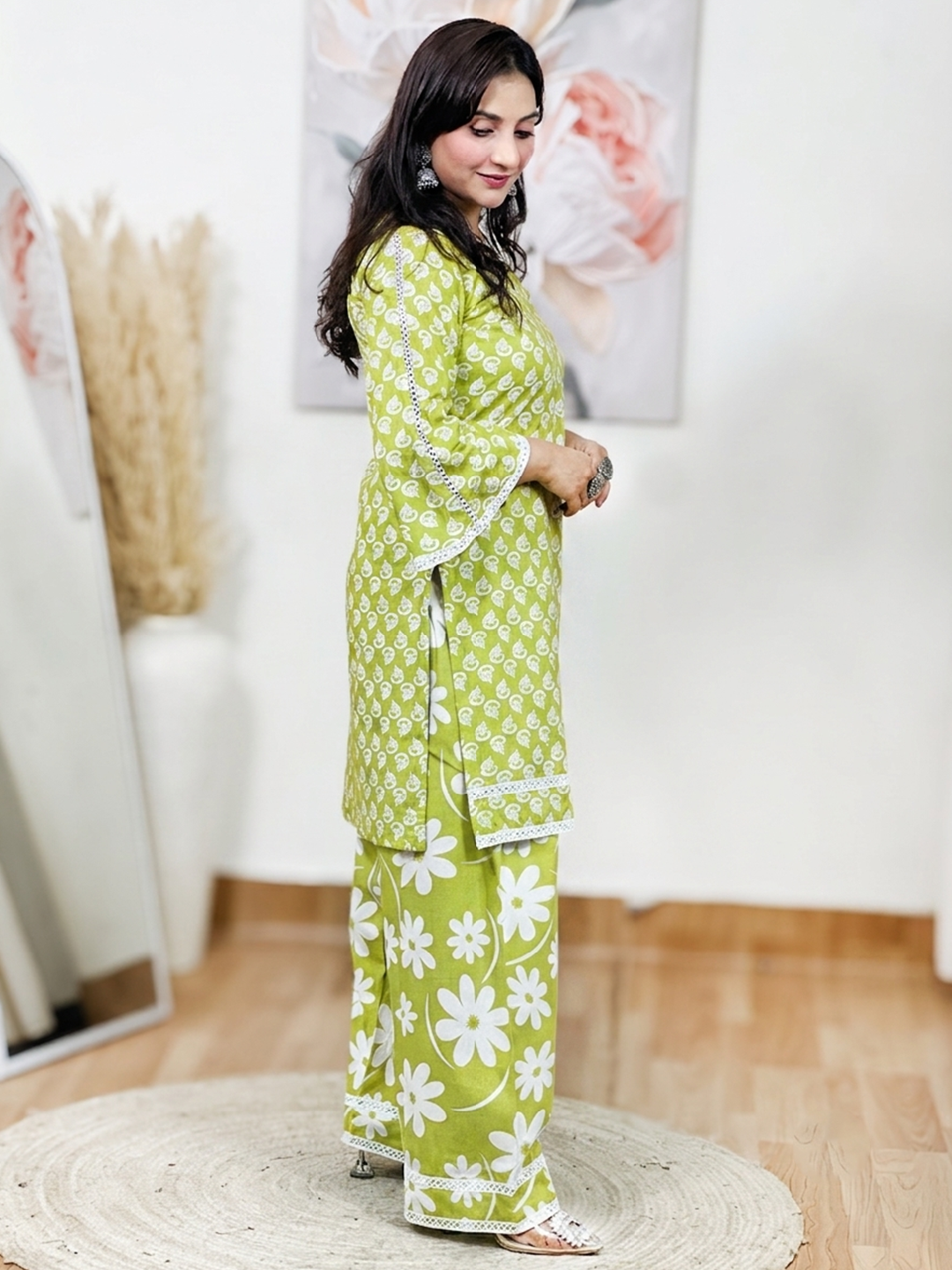 Cotton Teal Block Printed Kurti salwar Set – Artisanal Boho Comfort Elegance (S–5XL)