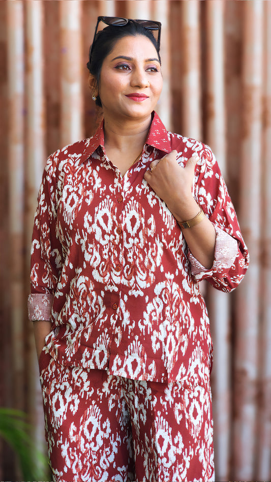 Red Cotton Printed Shirt & Pant Co-ord Set – Vacation-to-Office Look (S–5XL) (Copy)