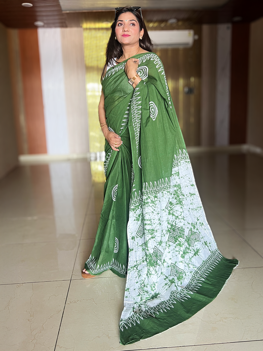 Cotton Batik Print Saree – Artisanal Tropical Elegance (One Size)
