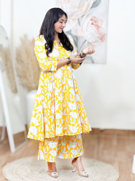 Cotton A-Line Flared Kurti with Wide-Leg Pants – Flowy Comfort Co-Ord Elegance (S–5XL)