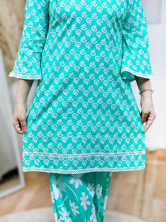 Cotton Teal Block Printed Kurti salwar Set – Artisanal Boho Comfort Elegance (S–5XL)