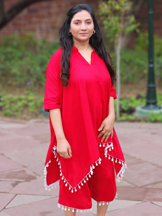 Rayon Vibrant Red Kaftan Capri Palazzo Set – Maternity-Friendly Bohemian Ethnic (S–5XL)