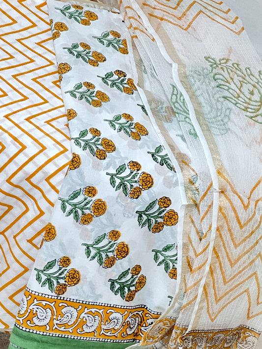 Pure Cotton Saffron Floral Chevron Unstitched Suit Set – Block Print Ethnic Versatile
