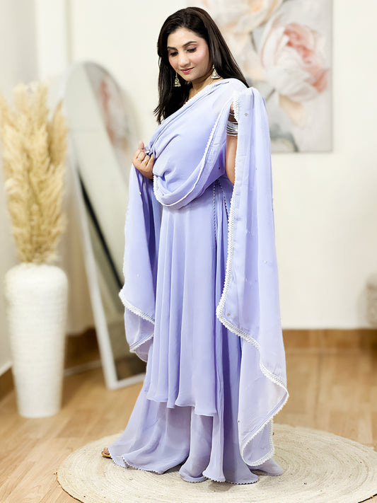 Lavender Mist Georgette Anarkali Palazzo Dupatta Set – Flowy Ethnic Luxury (S–5XL)