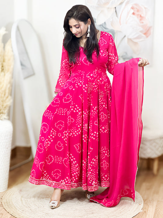 Rani Pink Bandhani Printed Anarkali Set – Vibrant Traditional Festive Ethnic (S–5XL)