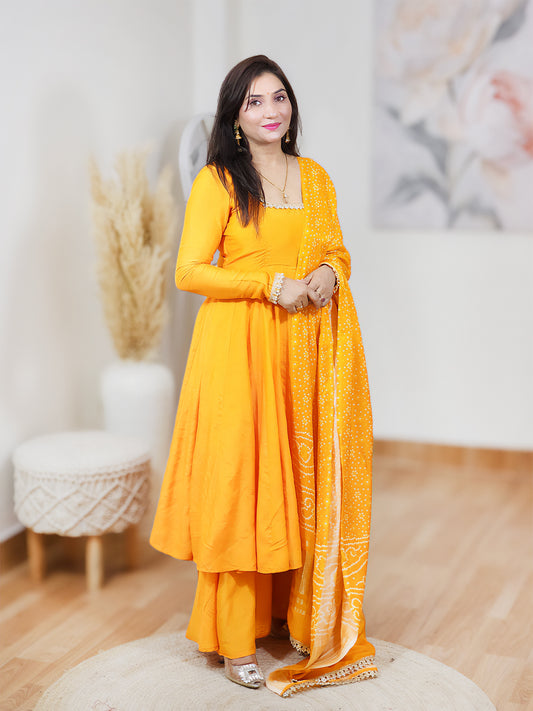 Orange Crepe Anarkali Kurta Palazzo Set with Dupatta – Sunny Flared Festive Ethnic (S–5XL)