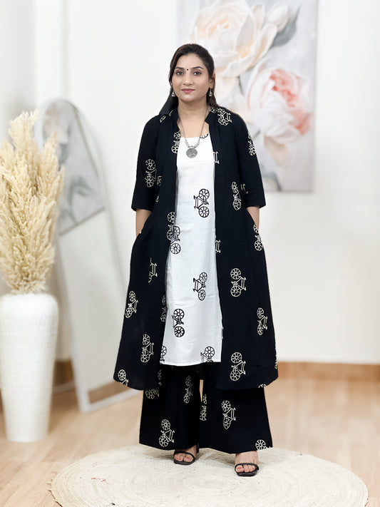 Cotton Black & White Cycle Print Long Shrug Palazzo Set – Bohemian Ethnic
