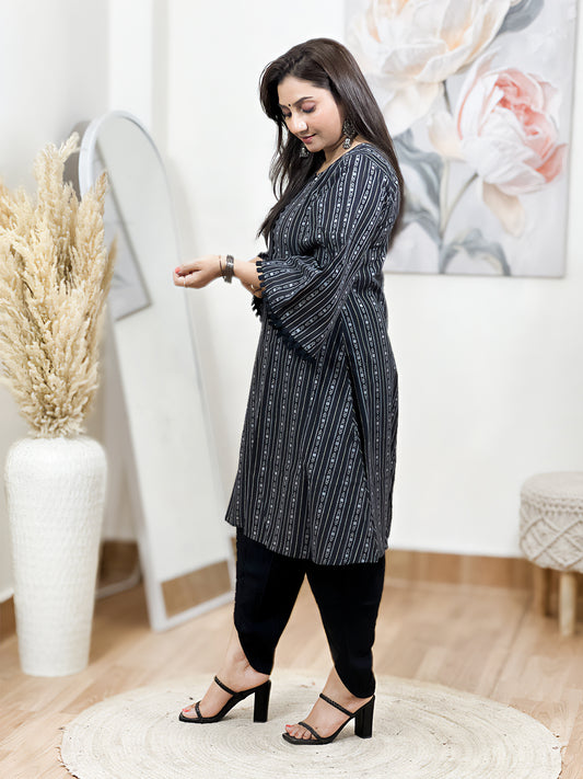 Cotton Midnight Black Geometric Stripe Tunic & Tulip Pant Set – Bohemian Ethnic (S–5XL)