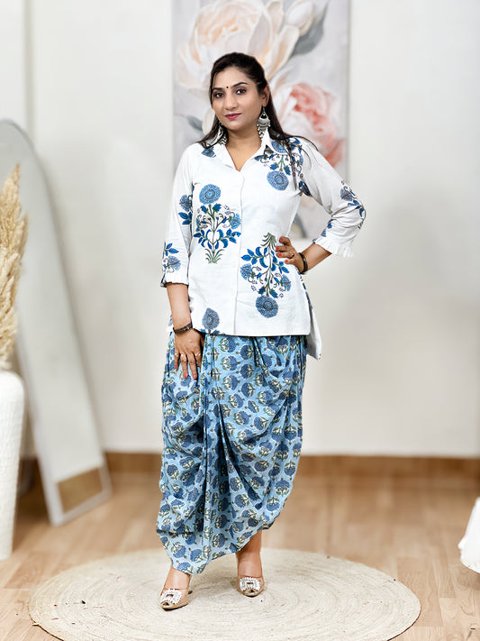 Cotton Sky Blue Floral Dhoti Shirt Set – Bohemian Ethnic