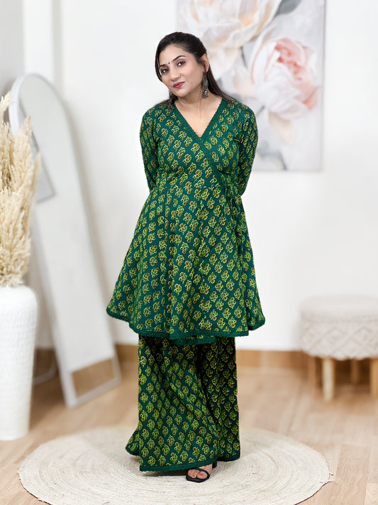 Cotton Emerald Green Angrakha Short Kurti Sharara Set – Bohemian Ethnic