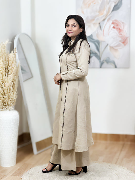 Cotton Slub Beige Front-Slit Long Kurta Palazzo Set – Bohemian Ethnic