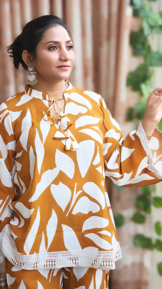Women’s Printed Top & Palazzo Co-ord Set – Mustard Crepe Fabric- Vacation Vibes (S–5XL)