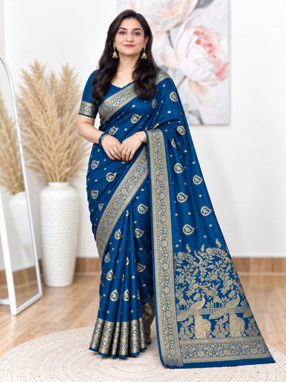 Peacock Blue Silk Banarasi Katan Saree – Regal Festive Elegance
