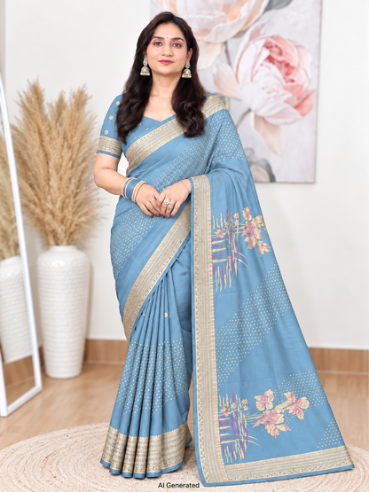 Sky Blue Floral Silk Banarasi Saree – Ethereal Festive Elegance