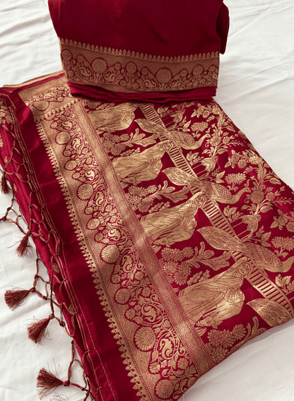 Soft Silk Red Banarasi Katan Saree – Timeless Bridal Royal Elegance (One Size)
