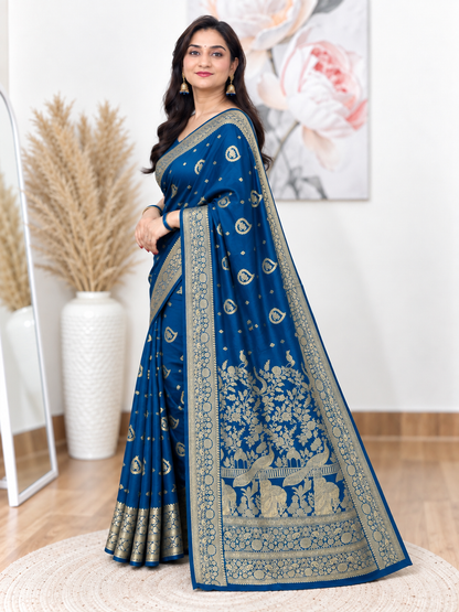 Peacock Blue Silk Banarasi Katan Saree – Regal Festive Elegance