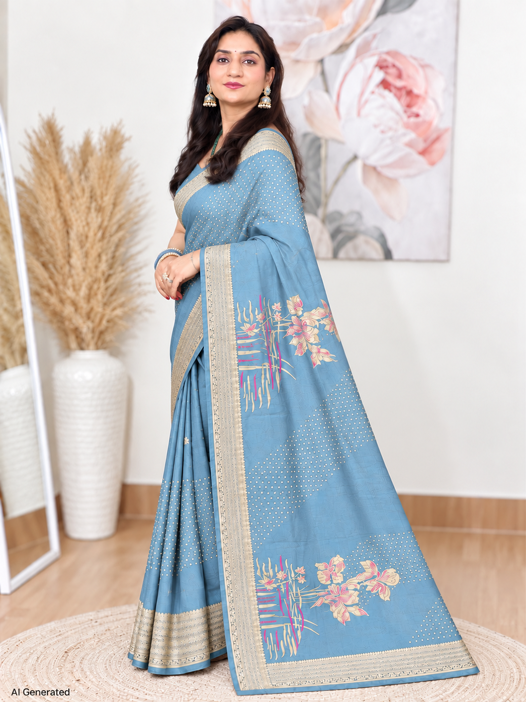 Sky Blue Floral Silk Banarasi Saree – Ethereal Festive Elegance