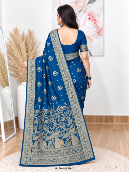 Peacock Blue Silk Banarasi Katan Saree – Regal Festive Elegance