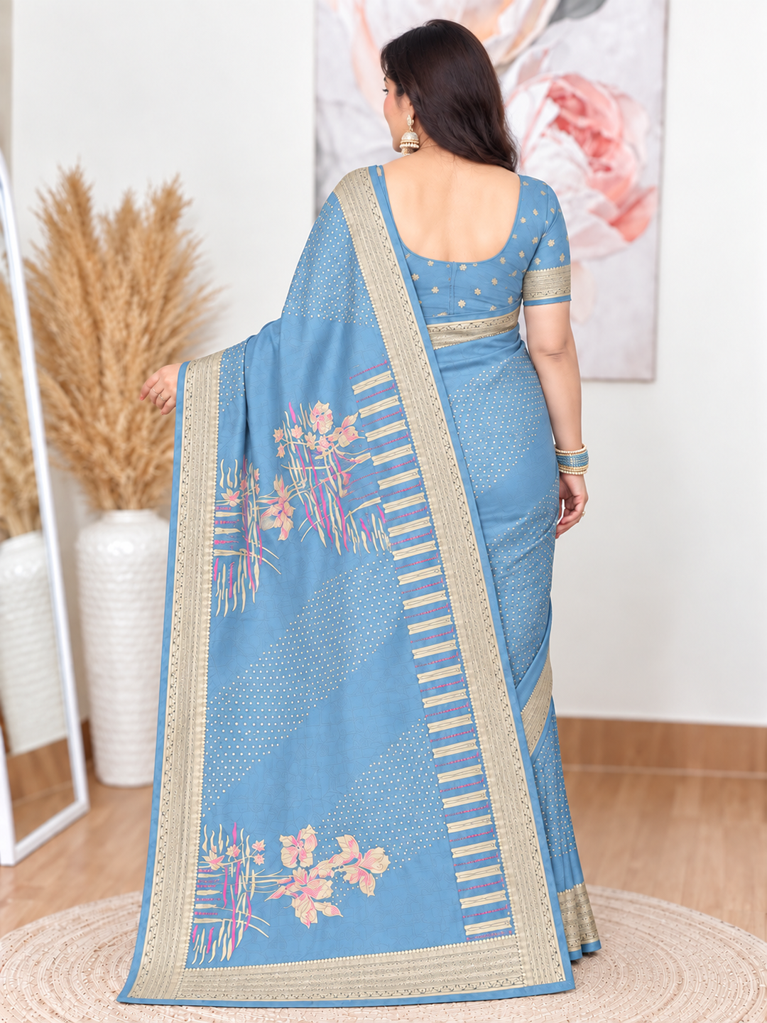 Sky Blue Floral Silk Banarasi Saree – Ethereal Festive Elegance