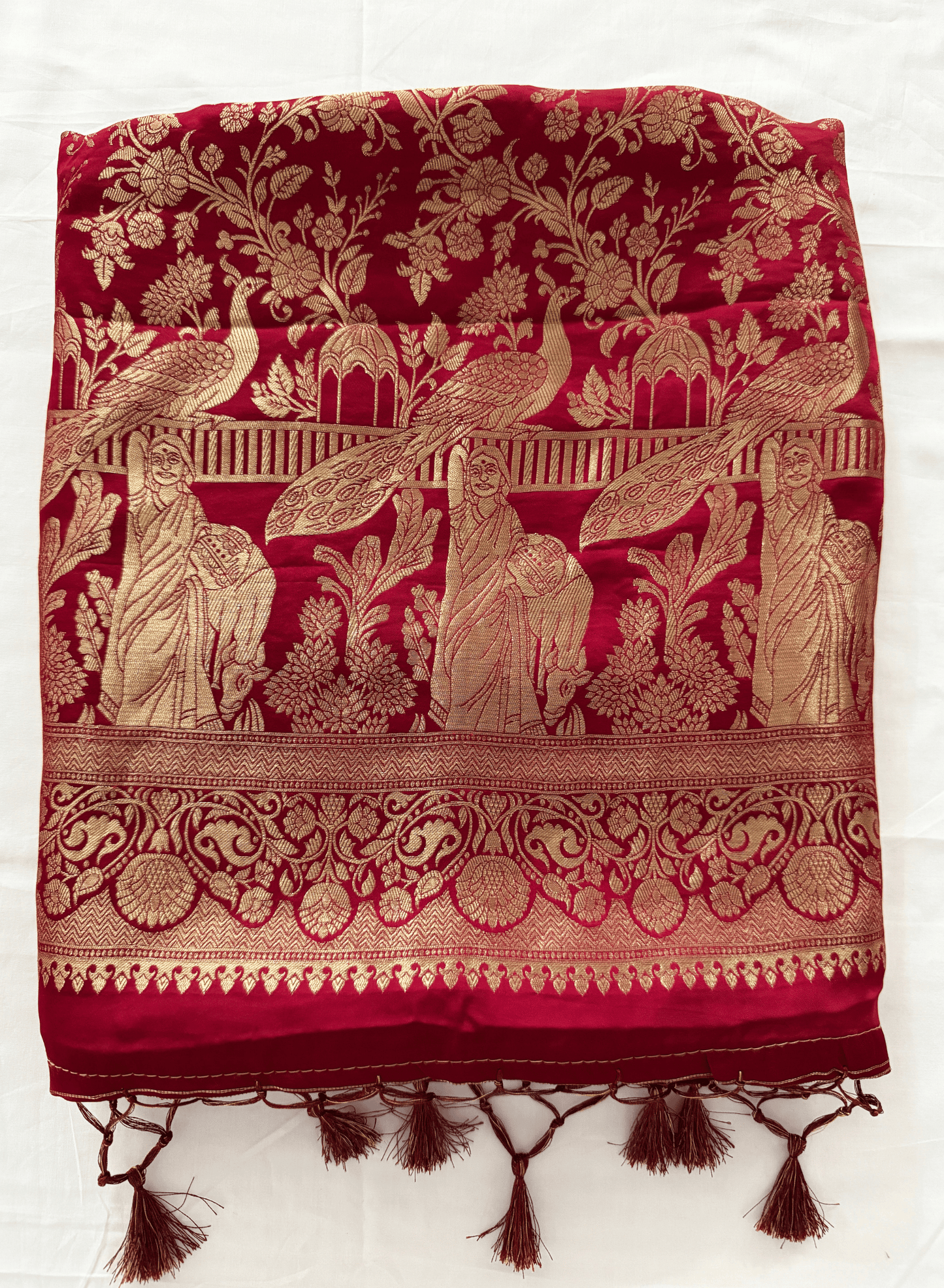 Soft Silk Red Banarasi Katan Saree – Timeless Bridal Royal Elegance (One Size)